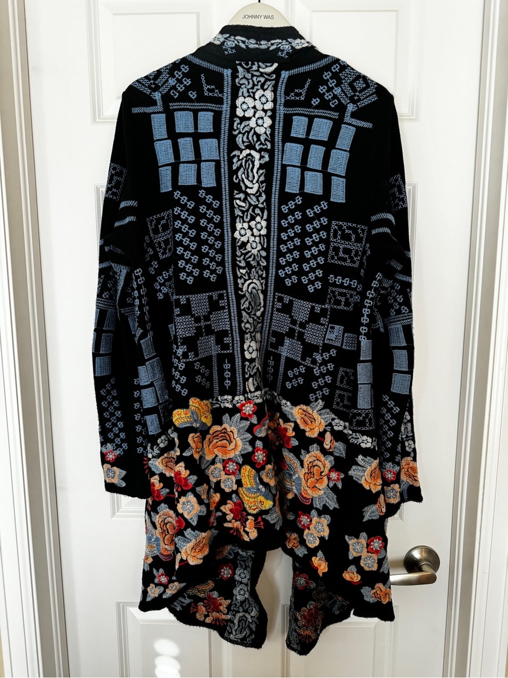 Johnny Was Black Draped Cardigan with Blue Geometric and Multicolor Floral Trim - Picture 2 of 11
